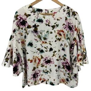 Catherine Malandrino Floral Flutter Sleeve Top Womens M Feminine Shirt Pretty